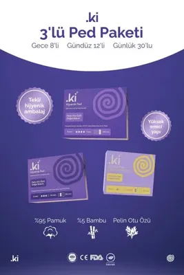 .ki Premium 3'lü Hijyenik Ped Paketi Gece 8'li + Gündüz 12'li + Günlük 30'lu %95 Pamuk %5 Bambu