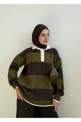 MODA AKSA DÜĞMELİ TRİKO KAZAK YEŞİL/KAHVE