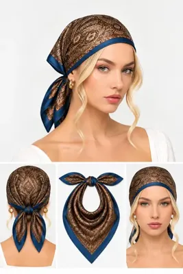 Mavi Masal Kadın Kahve Lacivert Desenli Çift Renk Bandana Ve Fular