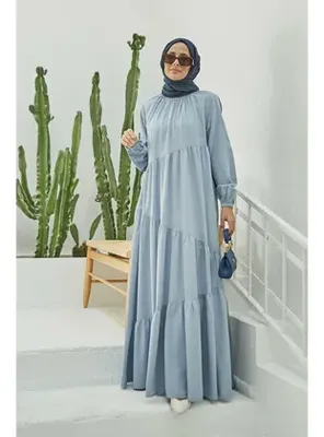 Neways 6614-Denim Büzgülü Tensel Elbise Mavi