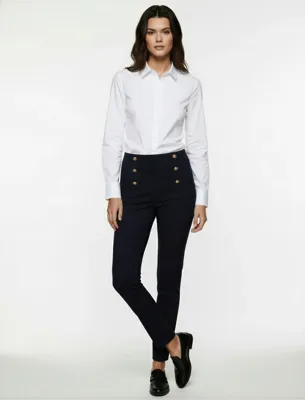 Koton Cepli Yüksek Bel Düğme Detaylı Slim Fit Düz Paça Kumaş Pantolon