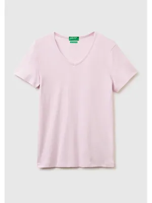 United Colors Of Benetton Kadın Açık Pembe %100 Pamuk Geniş V Yaka T-Shirt