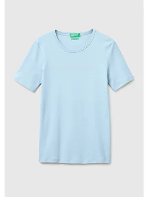 United Colors Of Benetton Kadın Açık Mavi %100 Pamuk Logo Baskılı Bisiklet Yaka T-Shirt