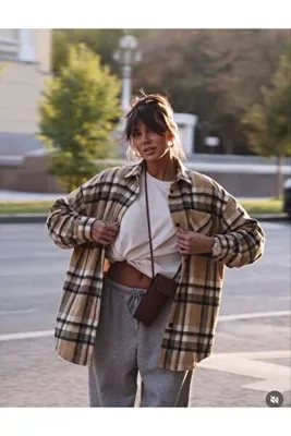 Noi Belis Ekose Desenli Oversize Düşük Omuz Cepli Düğmeli Uzun Kollu Oduncu Dokuma Gömlek AW26GO0001