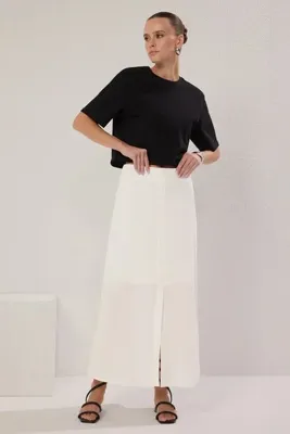 TRENDYOLMİLLA Beyaz Düğme Detaylı Yırtmaçlı Keten Görünümlü Astarlı Maxi  Dokuma Etek TWOSS25ET00123