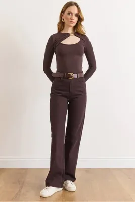 Olalook Kadın Acı Kahve Paçası Pis Dikiş Wide Leg Denim Jeans JEA-19000127
