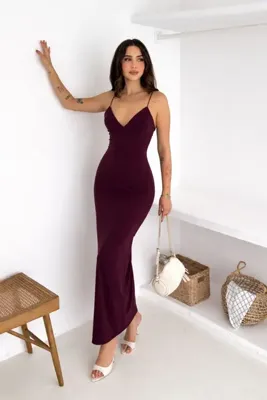 mielva Kadın Mürdüm İp Askılı V Yaka Maxi Boy Elbise