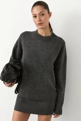 Grimelange NANNA Kadın Oversize Fit Yumuşacık Kaşmir Tuşesinde Bisiklet yaka Kalın Triko Antrasitmelanj Kazak