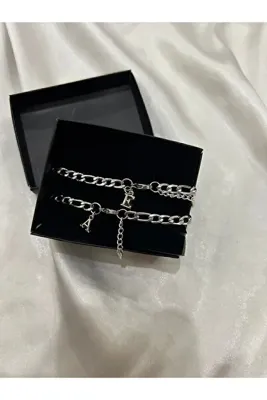TGBbutik Kararmaz Çelik kutulu İkili Zincir Harfli Sevgili/Çift Bilekliği Çelik Bileklik Harf Detay