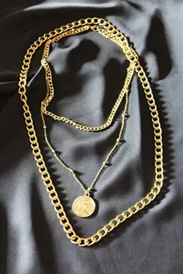 Silver&Silver Sarı Üçlü Kalın Zincir Madalyon Kolye Gold