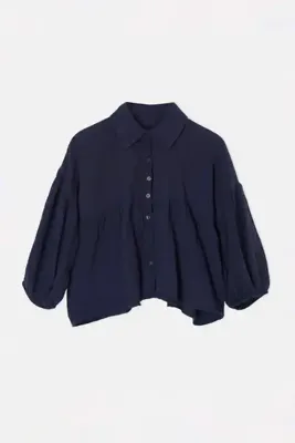 Drop by TrendyolMilla Lacivert Balon Kol Rahat Kalıp Muslin Eteği Volanlı Crop Gömlek TDRSS26GO00103