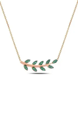 Söğütlü Silver Gümüş Rose Yeşil Taşlı Yaprak Kolye Sgtl10293ysl