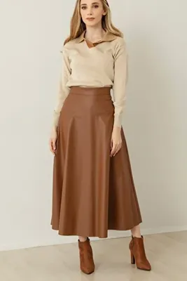 Volt Clothing Kadın Deri Mevlana Taba Etek