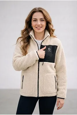 ELAFRO Kadın Ekru Rahat Form Tam Fermuarlı Ön Cepli Kalın Peluş Welsoft Polar Ceket