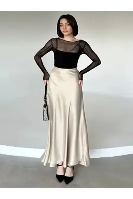 TÜCCAR UMUT YENİ MODA Lüks Kalite Beli Lastikli Maxi Boy Uzun Saten Etek 100 CM