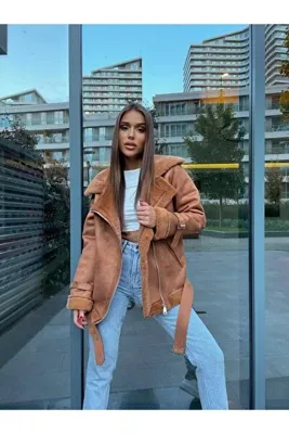 mega lucky Kadın Kemer Detaylı Deri Süet Mont kahve