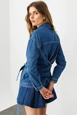 pieces of melon Mavi Arka Çapraz Bağlama Detaylı Denim Ceket