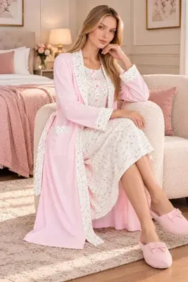Mecit Pijama Mecit 6382 Pembe Kadın Uzun Sabahlıklı Uzun Kollu Gecelik Takım