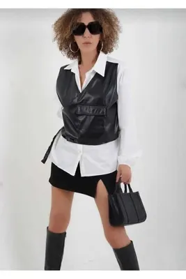 BEBE PLUS BEYAZ ÖNDEN DERİ YELEK DETAYLI GÖMLEK