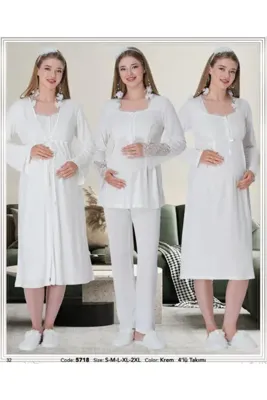 Mecit Pijama 5718 Ecru Sabahlıklı 4 Lü Hamile Lohusa Pijama Gecelik Tk