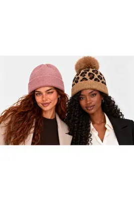 Drop by TrendyolMilla Üzeri Simli Pembe Bere ve Leopar Desenli Camel Triko Örgülü Bere 2'li Set Takım