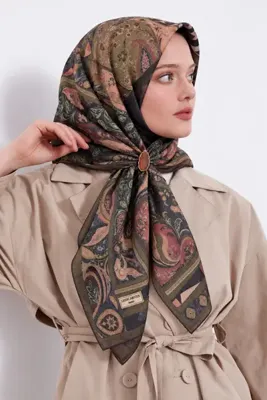 Lesscarves Desenli Pamuk İpek Eşarp 90x90 LS2212 09-Haki-Taba-Lacivert-Kiremit