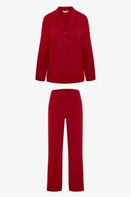 Penti Kırmızı NY Time Fitilli Gömlek Yaka Uzun Kollu Pijama Takımı