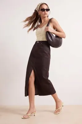 TRENDYOLMİLLA Kahverengi Denim Midi Etek TWOAW26ET00140