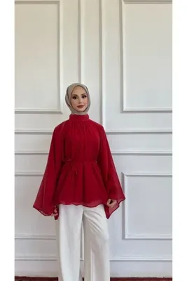 KEVRA Kırmızı Yarasa Kol Boğazlı Belden Bağlamalı Şifon Tesettür Tunik