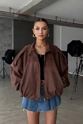 Rowsmen Oversize Kadın Bomber Acı Kahve Süet Deri Ceket