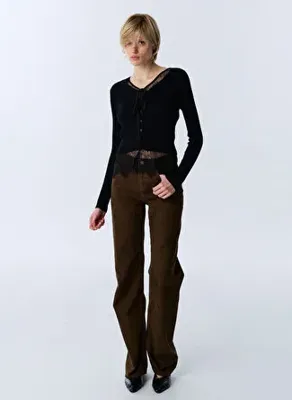 Twist Siyah Kadın V Yaka Fitted Dantelli Kazak TW6260050151001