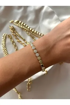 Alveole Jewelry 14K Yuvarlak Plaka ve Zirkon Çiçek Detaylı Bileklik