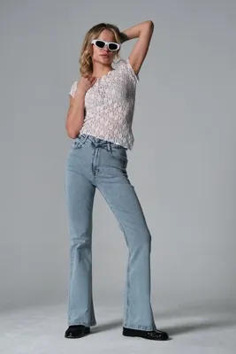 Maule Normal bel kot, ispanyol paça esnek denim kumaş kadın fit and Flare jean pantolon @Morales