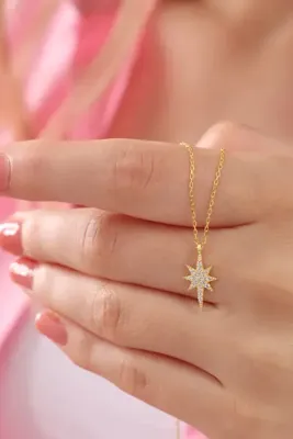 Bilsen Store 925 Ayar Gümüş Zincirli Altın Kaplama Zirkon Taşlı Kutup Yıldızı Kolye