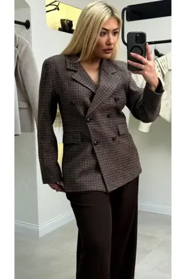 liya butik Kahve Kazayağı Kruvaze Ceket
