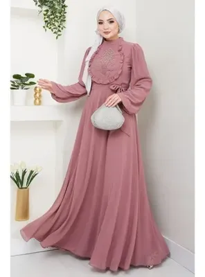 hafsamina Boncuklu Şifon Abiye Elbise Gül Kurusu HM2667