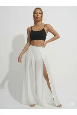 PERLMUTT Beyaz Yüksek Bel Çift Yırtmaç Detaylı Uzun Etek-Yaz Kombin Parçası-Beachwear & Günlük Stil