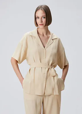 Beymen Collection Bej Kısa Kol Dokulu Gömlek