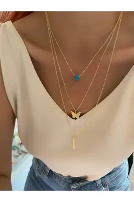 Everglow Jewelry Premium Pul Kelebek Kolye Üçlü Gold