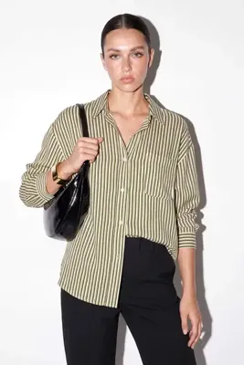 Drop by TrendyolMilla Bej V Yaka Oversize Cepli Çizgili Gömlek TDRSS26GO00056