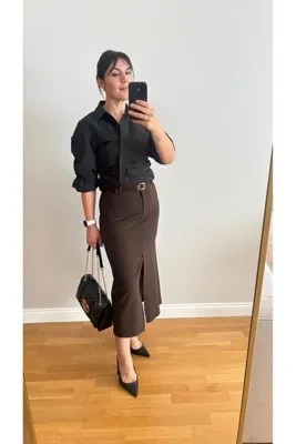 Qu Style Modern Kesim Midi Boy Yırtmaçlı Kalem Etek – Kahve