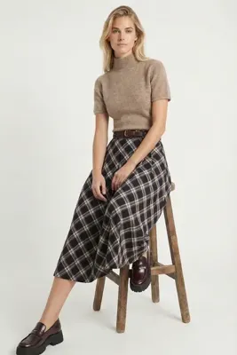 Lovelyİstanbul Kemerli Ekose Midi Dokuma Etek LDP0094 LACİVERT BORDO