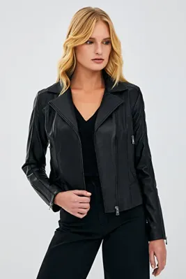 Derimod Kiara Kadın Siyah Slim-Fit Biker Deri Ceket 20SGD5859U4
