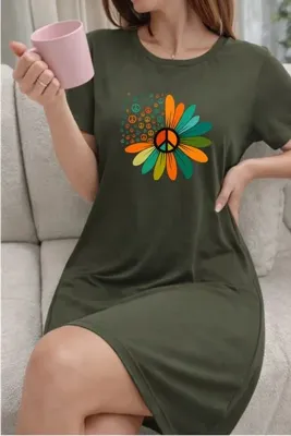 classy moda Kadın Oversize Rahat Kalıp Baskılı Gecelik Günlük Şık Ev Giyim Yazlık
