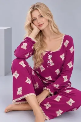 Pijamask Kadın Desenli Dantel Detaylı Fiyonk ve Düğmeli Uzun Kollu Pijama Takımı