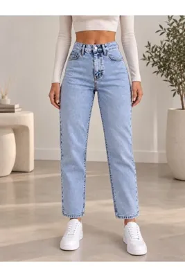 Parla Jeans Kadın Açık Mavi Kar Yıkama Likralı Yüksek Bel Bofriend Mom Jean Pantolon