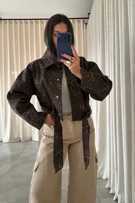 aura7 collection Kadın Giyim Blazer Leopar Kuşaklı Gabardin Ceket