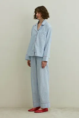 Fahhar Çizgili Dokuma Pijama Takım Mavi