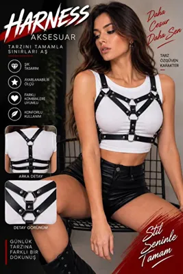 Good Miss Kadın Siyah Suni Deri Göğüs Harness Aksesuarı – Çoklu Kayışlı, Perçin Detaylı Ayarlanabilir Vücut Aksesuarı