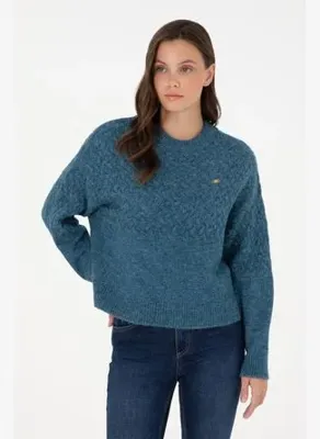 U.S. Polo Assn. Kadın İndigo Melanj Bisiklet Yaka Kazak 50293156